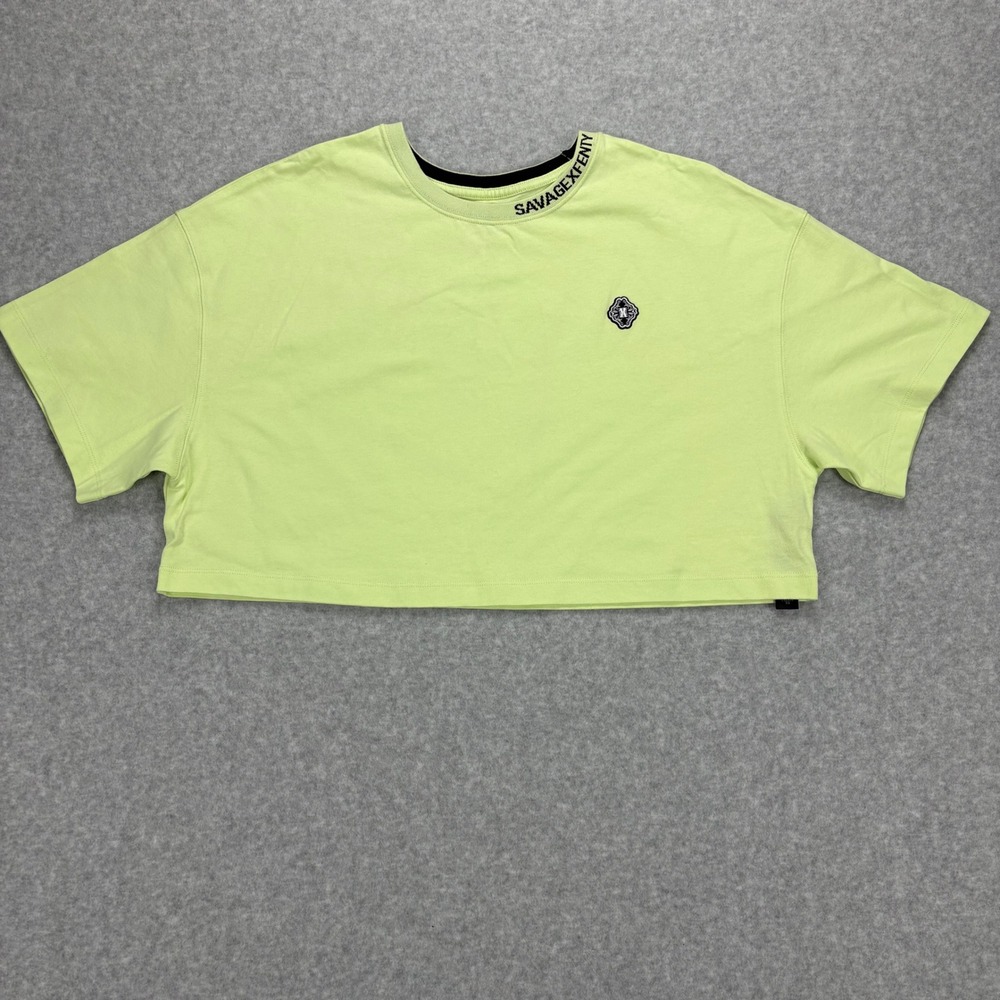 Savage X Fenty Crop Top Womens M Green Neon Short Sleeve Graphic Tee Rihanna
